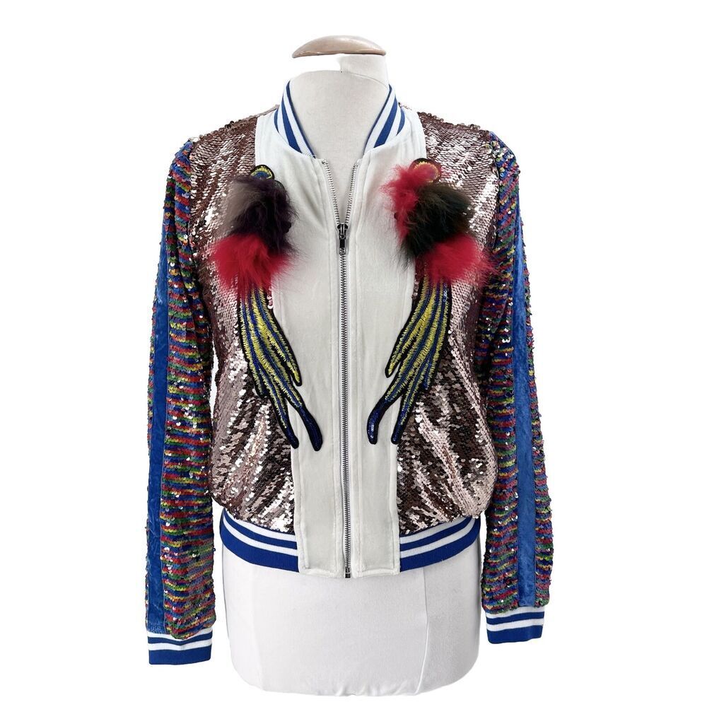 Nylon Colorful Sequined Peacock Embellished Statement Jacket